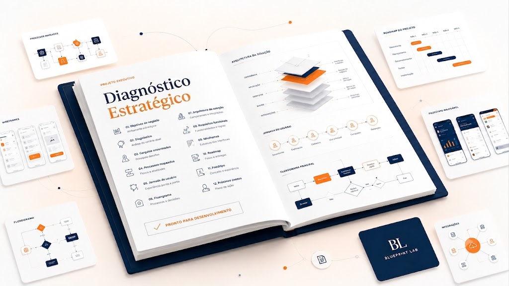 Diagnóstico estratégico completo com processos, wireframes, roadmap e protótipo
