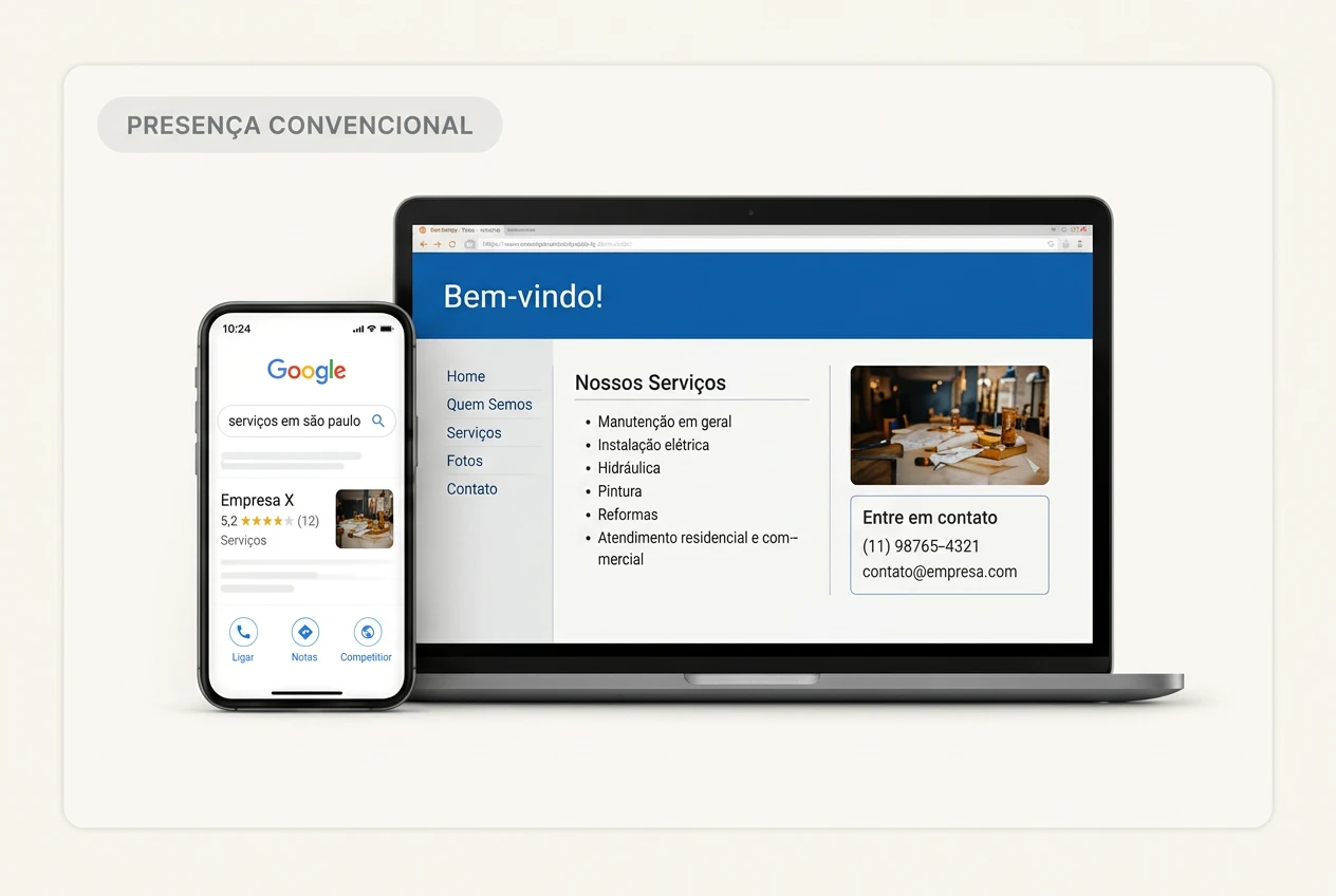 Exemplo ilustrativo de presença digital convencional: site simples em um notebook e perfil no Google em um celular