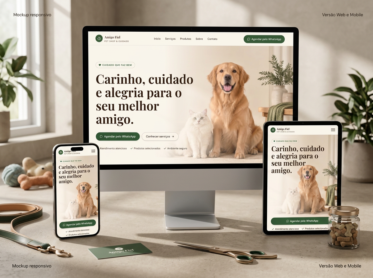 Modelo Amigo Fiel, site para pet shop boutique e cuidado animal