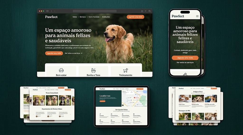 Modelo Pawfect, site para negócios de cuidados com pets