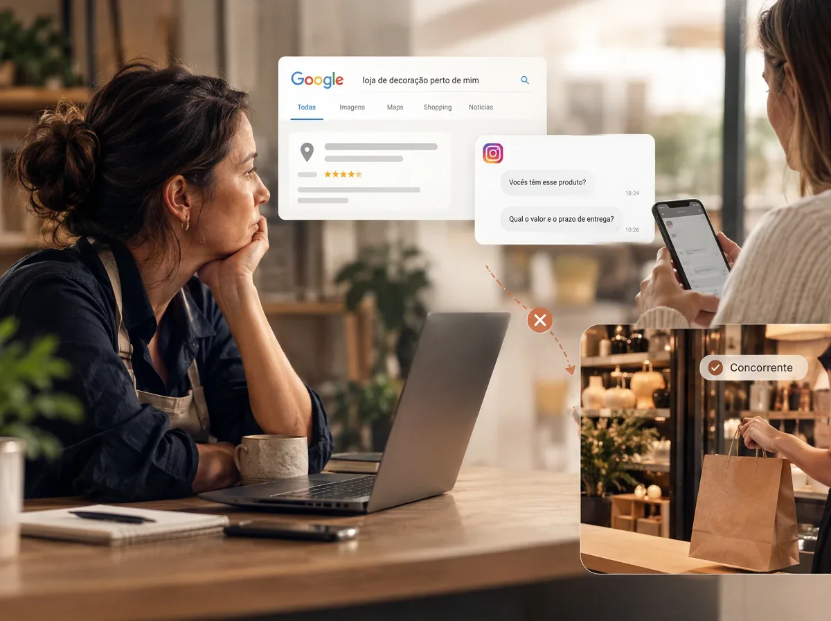 Empreendedora olhando preocupada para o notebook enquanto uma cliente que buscou no Google e no Instagram compra de um concorrente