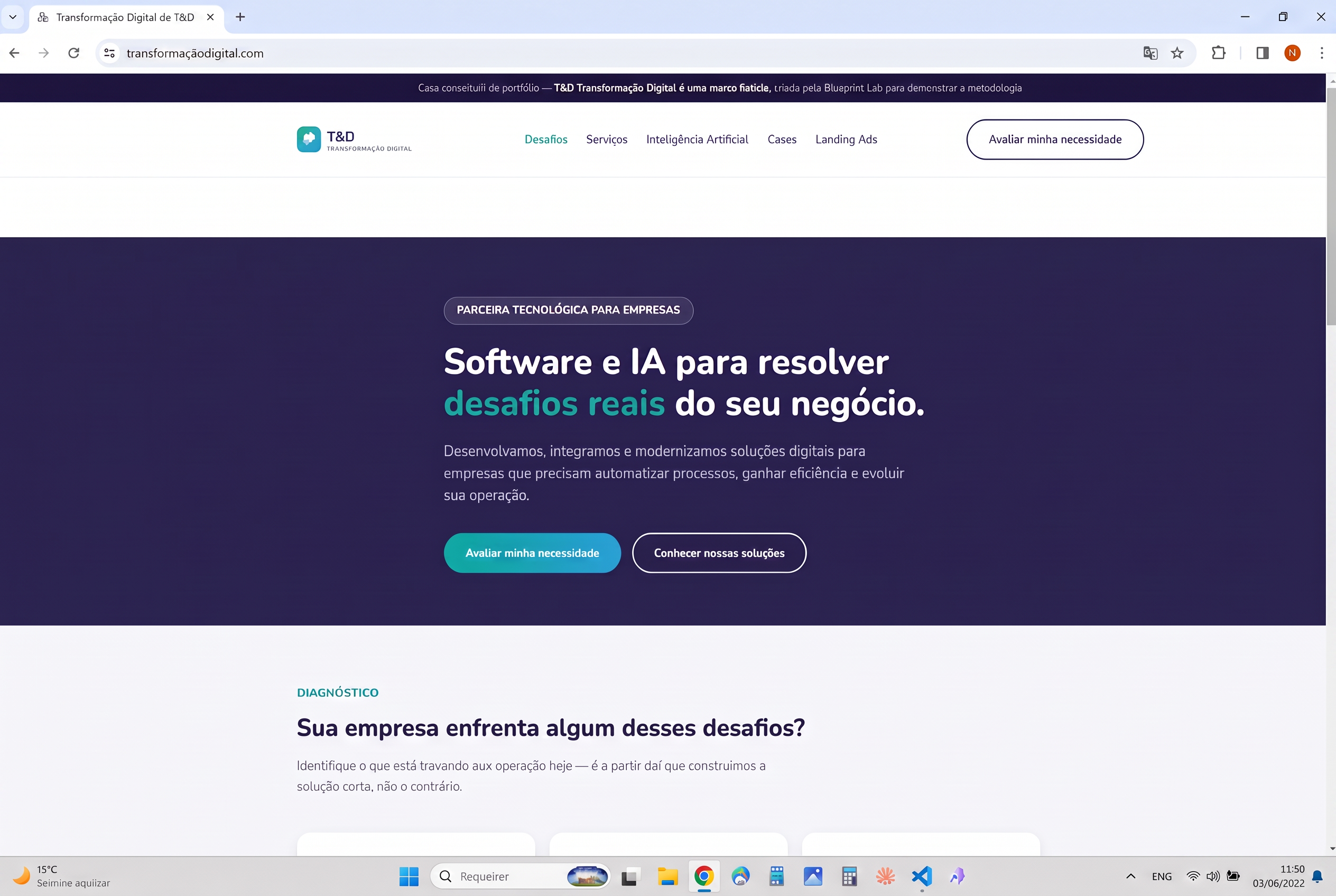 Site T&D Transformação Digital, reposicionamento B2B para fábrica de software